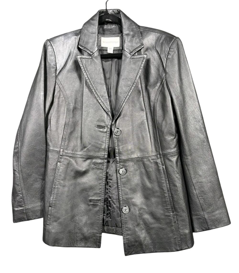 Worthington Blazer Womens Medium Black Leather 4 Button Lined Notch Lapel